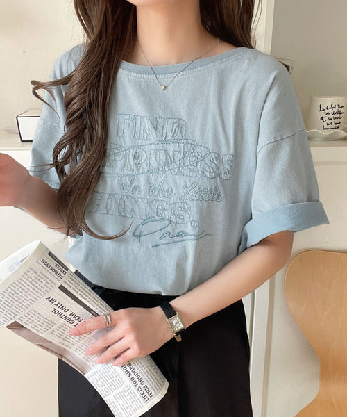 綿100%メンズライクヴィンテージウォッシュ☆前後2way刺繍ワイドネックTシャツ ce1260421