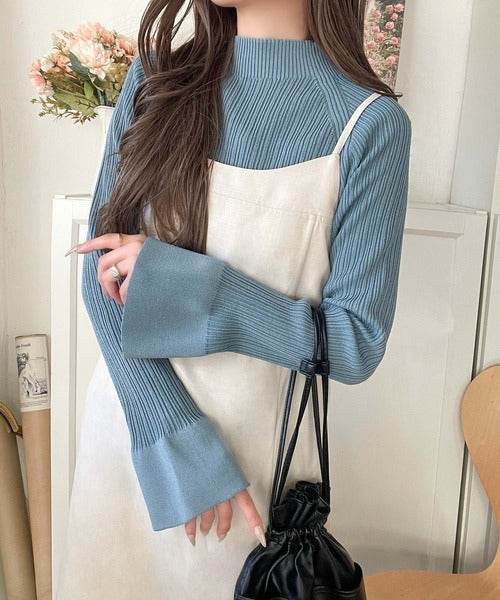 袖にキュン♪大人女子の旬顔トップス。ランダムリブ袖フレアモックネックプルオーバー（長袖） ce1050343