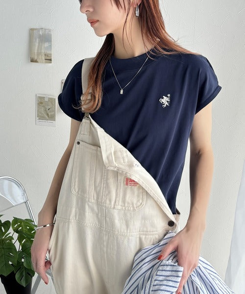 大人女子の上品ベーシック。綿100％シルケットモックネックフレンチTシャツ(刺繍) ce1260395