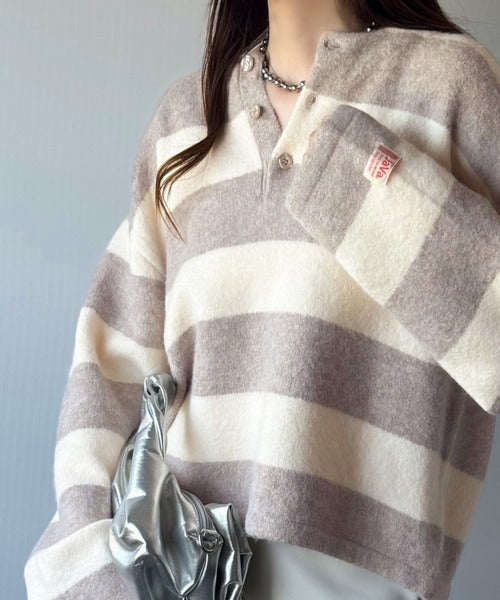 《JaVaジャバコラボ》ボーダー＆無地で大人女子のリアルバイ◎ヘンリーネックラガーニットプルオーバー（長袖） jv1020270