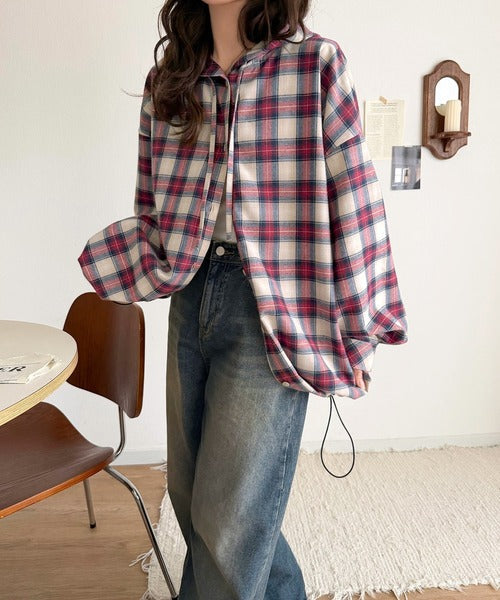 ゆるっと羽織ってかわいくキマる。”旬顔”  裾ドロスト微起毛チェック柄オーバーサイズシャツパーカー ce1010568