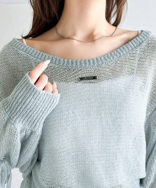 【mily bilet】大人のきらめき。プレートデザイン透かし編み袖リボンラメニット(ワンオフショル2way) mi1259009