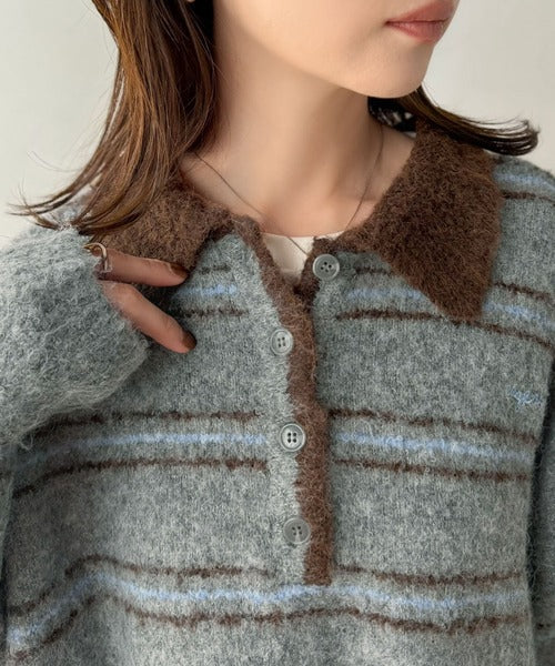 メンズライクに女子っぽさを。胸刺繍ブークレ配色ボーダーニットポロ（長袖） ce1240142
