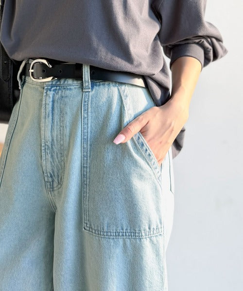《JaVaジャバコラボ》 立体感でシルエット補正。ウエストゴムで履きやすい綿100%バルーンベイカーデニムパンツ jv1070188