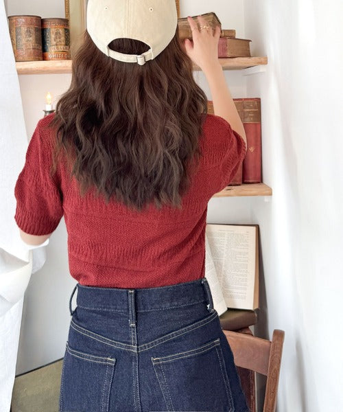 カジュアルコーデを格上げする。ワンポイント刺繍ブークレポロニットトップス(半袖) ce1260392