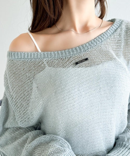 【mily bilet】大人のきらめき。プレートデザイン透かし編み袖リボンラメニット(ワンオフショル2way) mi1259009