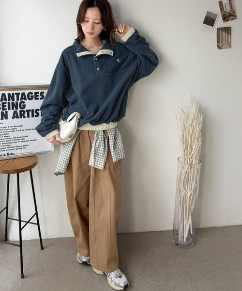 《JaVa ジャバコラボ》暖かさも、お洒落感も、欲張りに。胸刺繍ジャガード切り替えハーフボタンフリースプルオーバー jv1010674