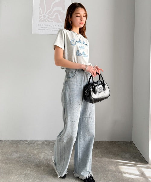 【mily bilet】着るだけでオシャレ感！ロゴプレート付きカラーフレンチコード刺繍Tシャツ(半袖) mi1329015