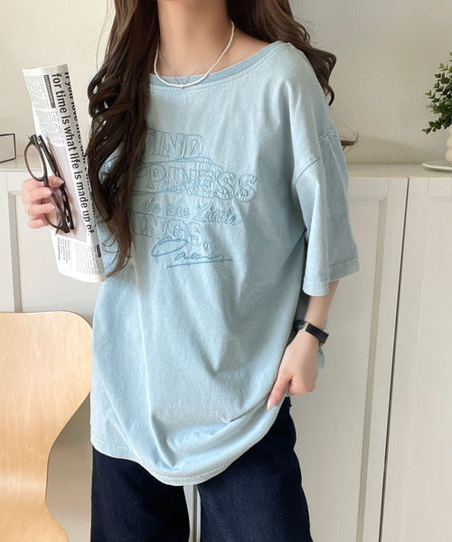 綿100%メンズライクヴィンテージウォッシュ☆前後2way刺繍ワイドネックTシャツ ce1260421
