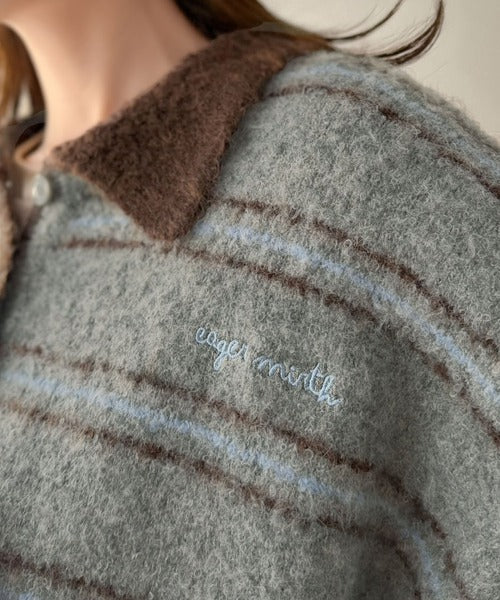メンズライクに女子っぽさを。胸刺繍ブークレ配色ボーダーニットポロ（長袖） ce1240142