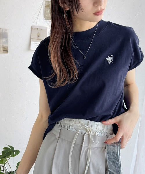 大人女子の上品ベーシック。綿100％シルケットモックネックフレンチTシャツ(刺繍) ce1260395