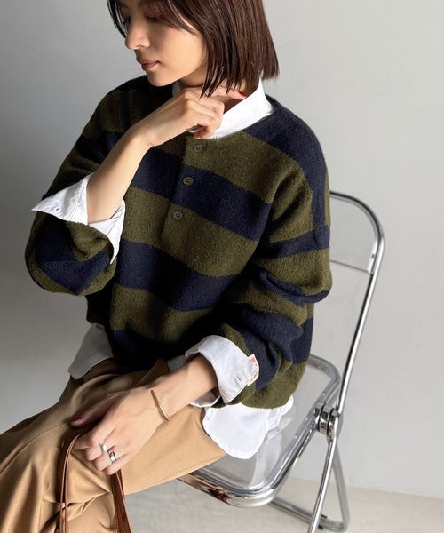 《JaVaジャバコラボ》ボーダー＆無地で大人女子のリアルバイ◎ヘンリーネックラガーニットプルオーバー（長袖） jv1020270