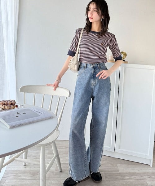 大人可愛いの新定番。袖リンガーボートネック胸刺繍ボーダーTシャツ（半袖） ce1260419
