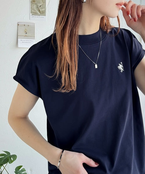 大人女子の上品ベーシック。綿100％シルケットモックネックフレンチTシャツ(刺繍) ce1260395