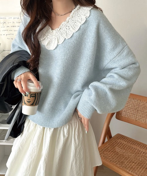 今年の大本命♪カジュアルにも大人っぽくも着こなせる。冬コーデが華やぐ、魅惑のレース襟ドッキングニットプルオーバー（長袖） ce1020368