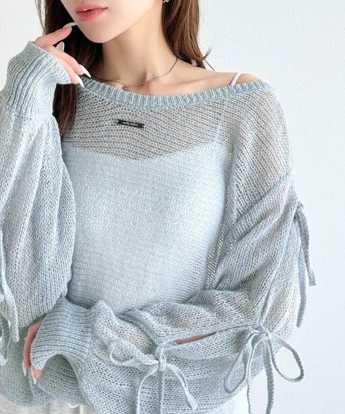 【mily bilet】大人のきらめき。プレートデザイン透かし編み袖リボンラメニット(ワンオフショル2way) mi1259009