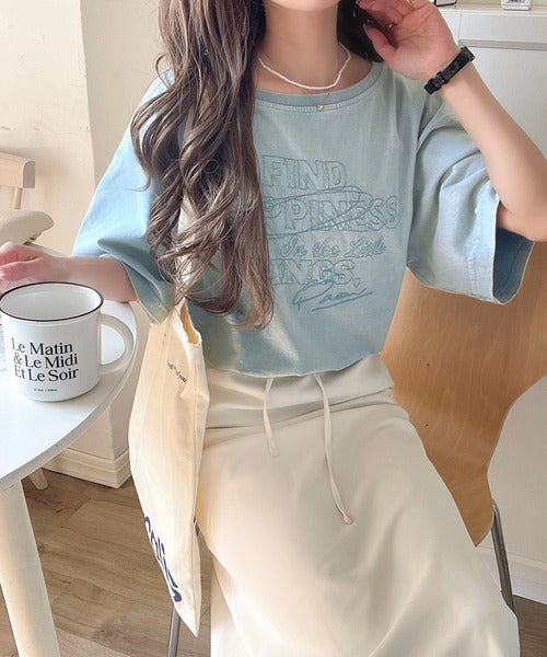 綿100%メンズライクヴィンテージウォッシュ☆前後2way刺繍ワイドネックTシャツ ce1260421