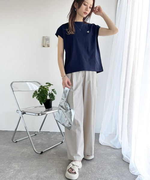 大人女子の上品ベーシック。綿100％シルケットモックネックフレンチTシャツ(刺繍) ce1260395