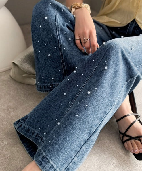 【mily bilet】カジュアルにきらめきを。パールビジューワイドストレートデニムパンツ mi1419001