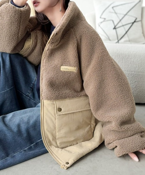 《JaVaジャバコラボ》暖かく包み込む、私のもこもこちゃん♪異素材MIXボア×ナイロン切替スタンドカラージャケット jv1240139