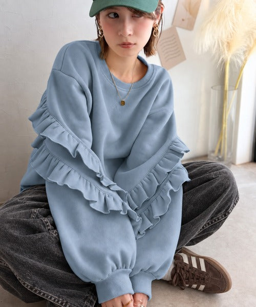 《JaVaジャバコラボ》6色展開♪スウェット界の甘さ革命!!!着心地あったか！袖2段フリル裏起毛オーバーサイズスウェット jv1010683