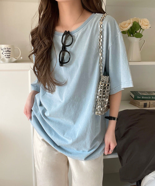綿100%メンズライクヴィンテージウォッシュ☆前後2way刺繍ワイドネックTシャツ ce1260421