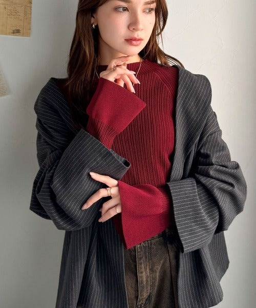 袖にキュン♪大人女子の旬顔トップス。ランダムリブ袖フレアモックネックプルオーバー（長袖） ce1050343