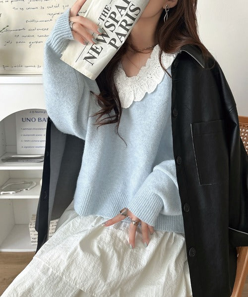 今年の大本命♪カジュアルにも大人っぽくも着こなせる。冬コーデが華やぐ、魅惑のレース襟ドッキングニットプルオーバー（長袖） ce1020368