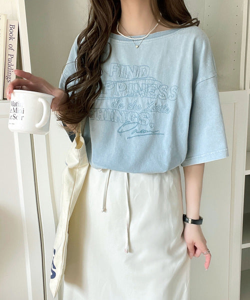 綿100%メンズライクヴィンテージウォッシュ☆前後2way刺繍ワイドネックTシャツ ce1260421