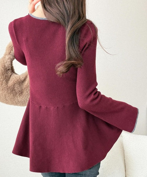 【mily bilet】秋薫る上品シルエット♪フリルで華やぐ主役級トップス。 配色パールボタンリブニットペプラムトップス mi1359031