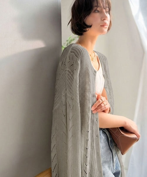 【Classical Evon】レトロな編み柄で華やぐ1枚。着回し抜群の 前後2way透かし編みニットカーディガン(長袖) ev1050375