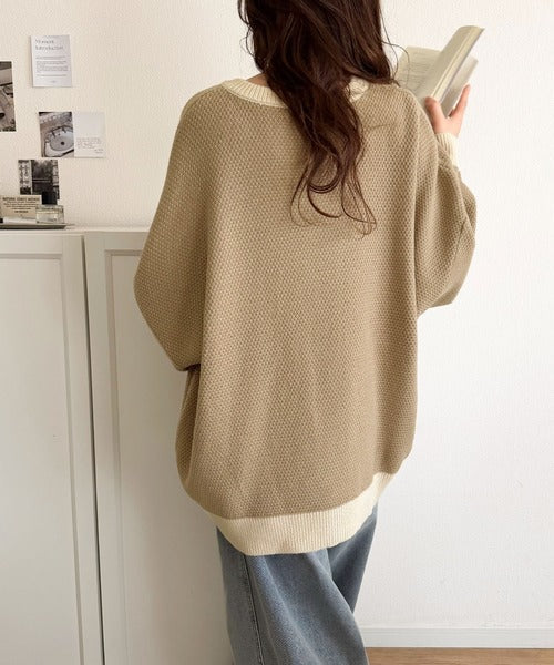 《JaVaジャバコラボ》ざっくり×配色が旬顔。配色スキッパーオーバーサイズ鹿の子編みニット（長袖） jv1410040