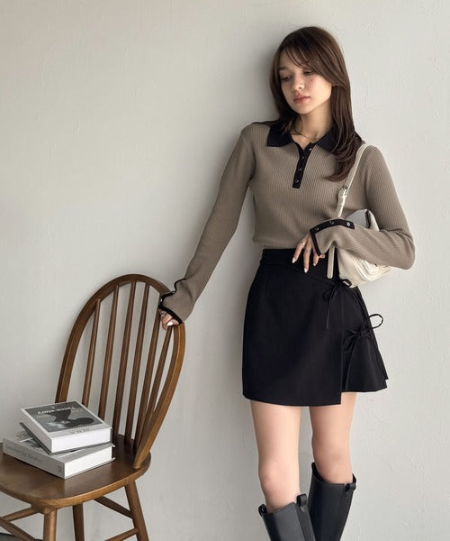 【mily bilet】トレンドの襟付きデザインで洗練されたスタイルに♪金縁ボタン使いリブポロニット（長袖） mi1029162