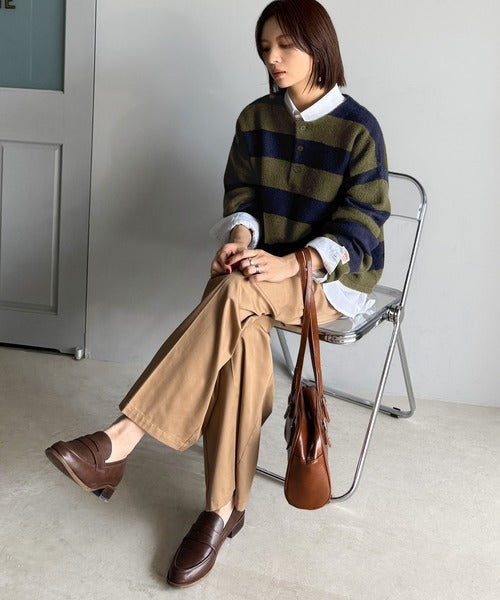 《JaVaジャバコラボ》ボーダー＆無地で大人女子のリアルバイ◎ヘンリーネックラガーニットプルオーバー（長袖） jv1020270