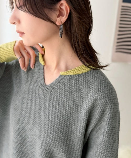 《JaVaジャバコラボ》ざっくり×配色が旬顔。配色スキッパーオーバーサイズ鹿の子編みニット（長袖） jv1410040