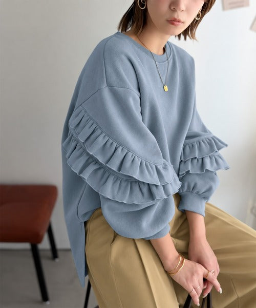 《JaVaジャバコラボ》6色展開♪スウェット界の甘さ革命!!!着心地あったか！袖2段フリル裏起毛オーバーサイズスウェット jv1010683