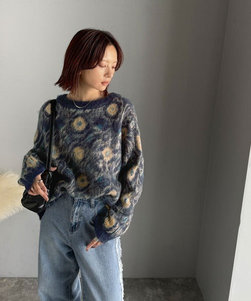 大人可愛いヴィンテージ調。モヘアタッチ前後2wayアンティークラグモチーフ柄ニットカーディガン（長袖） ce1260470
