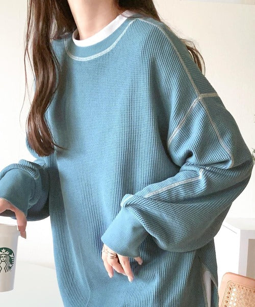 《JaVaジャバ 別注》シンプルなのに格上げ。2way配色ワッフルロンTee jv1260065