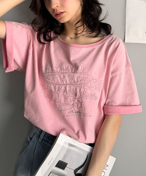 綿100%メンズライクヴィンテージウォッシュ☆前後2way刺繍ワイドネックTシャツ ce1260421