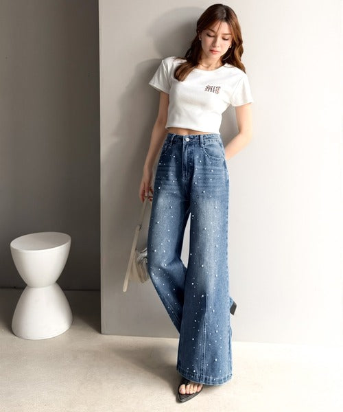 【mily bilet】カジュアルにきらめきを。パールビジューワイドストレートデニムパンツ mi1419001