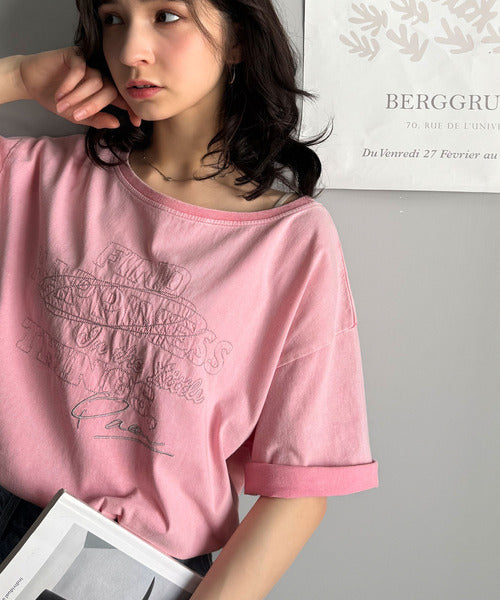 綿100%メンズライクヴィンテージウォッシュ☆前後2way刺繍ワイドネックTシャツ ce1260421