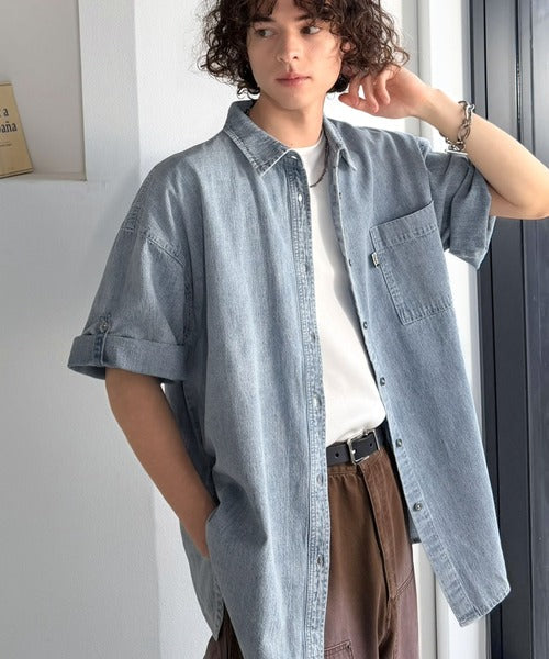《JaVaジャバコラボ》さらっとプラス1枚の大人カジュアル♪綿100％ライトオンスデニム素材袖ロールアップシャツ（半袖） jv1265063