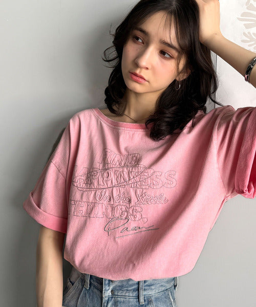 綿100%メンズライクヴィンテージウォッシュ☆前後2way刺繍ワイドネックTシャツ ce1260421