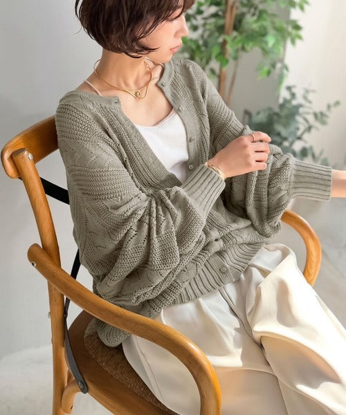 【Classical Evon】レトロな編み柄で華やぐ1枚。着回し抜群の 前後2way透かし編みニットカーディガン(長袖) ev1050375