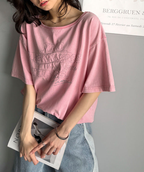 綿100%メンズライクヴィンテージウォッシュ☆前後2way刺繍ワイドネックTシャツ ce1260421