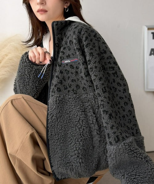 《JaVaジャバコラボ》ほっこり可愛い♪大人のもこもこボア切り替えスタンドネックブルゾン(ミドル丈) jv1265093