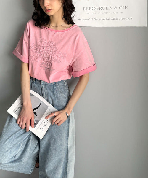 綿100%メンズライクヴィンテージウォッシュ☆前後2way刺繍ワイドネックTシャツ ce1260421
