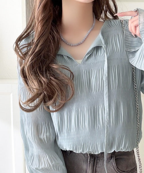 涼やかに、品よく、愛らしく。前後2wayリボンキャンディスリーブシアープリーツブラウス（長袖） ce1010538