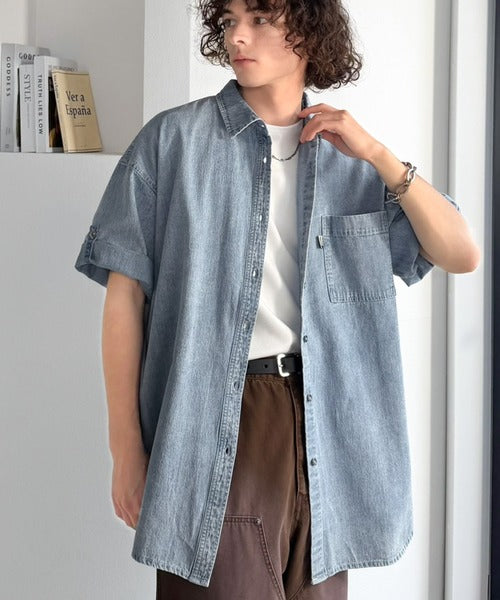 《JaVaジャバコラボ》さらっとプラス1枚の大人カジュアル♪綿100％ライトオンスデニム素材袖ロールアップシャツ（半袖） jv1265063