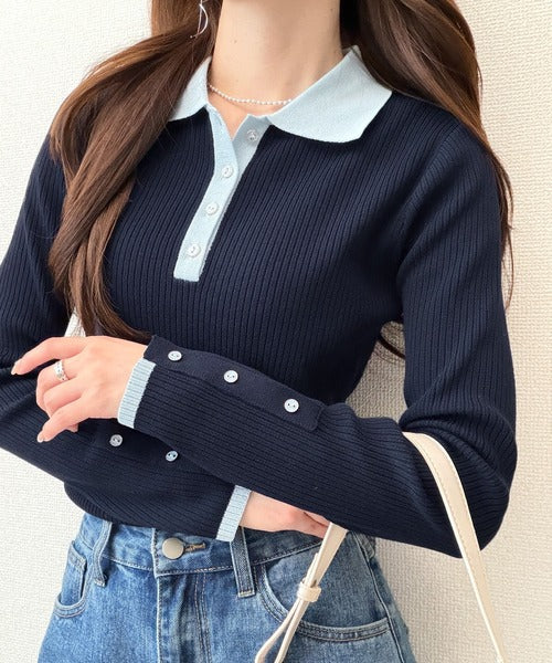 【mily bilet】トレンドの襟付きデザインで洗練されたスタイルに♪金縁ボタン使いリブポロニット（長袖） mi1029162